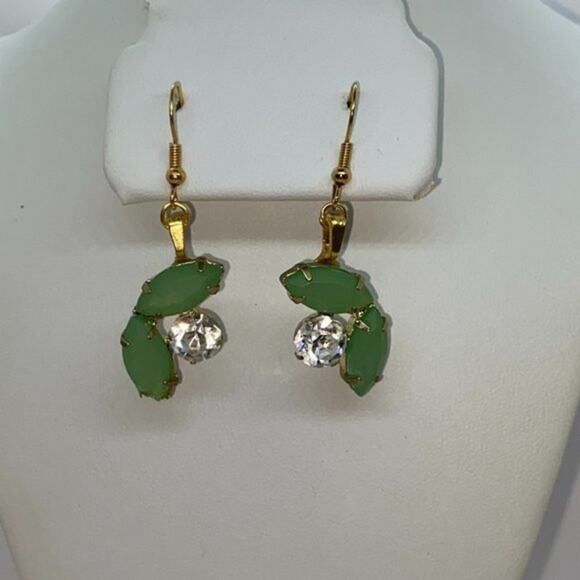 Green Clear Gold-Tone Rhinestone Dangle Earrings - Picture 1 of 7